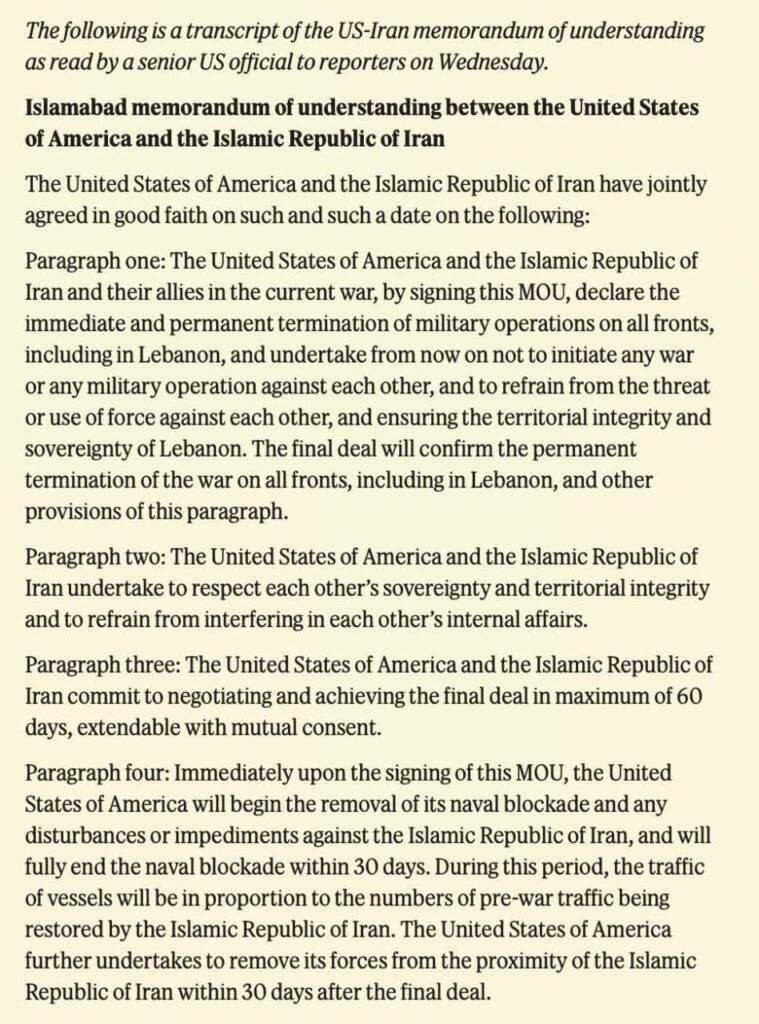 texte anglais du mémorandum d'entente entre les États-Unis et l'Iran